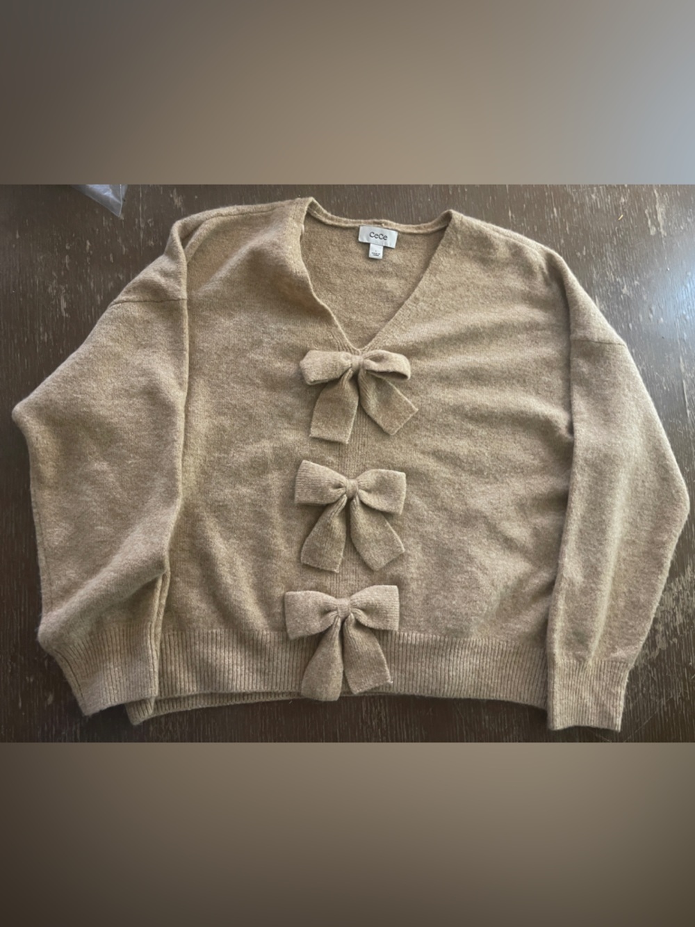 CeCe Tan Bow-Front V-Neck Knit Sweater